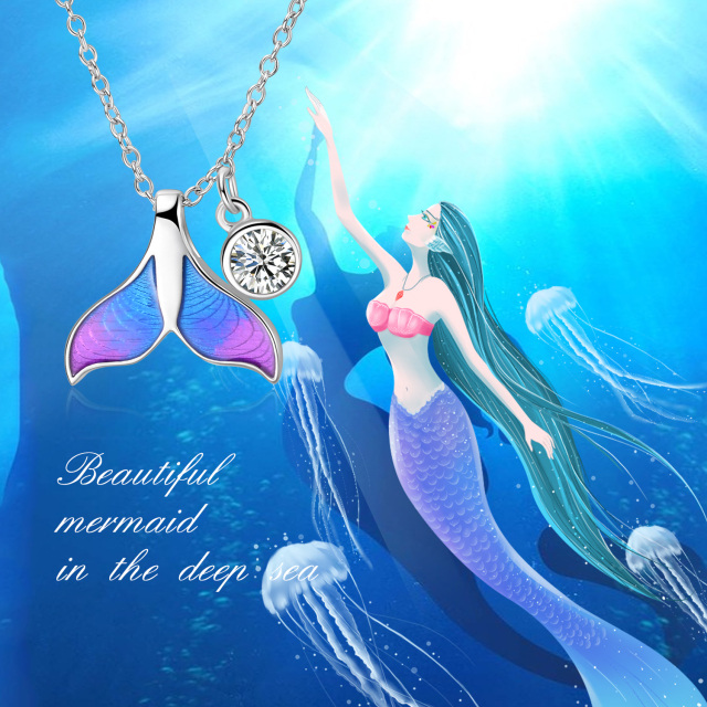 Sterling Silver Round Crystal Mermaid Tail Pendant Necklace-5