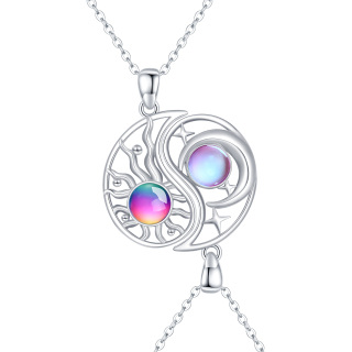 Sterling Silver Round Crystal Moon & Sun Pendant Necklace with Engraved Word-3