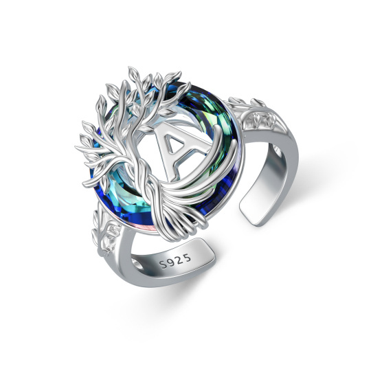 Bague ouverte en argent sterling avec cristal rond et initiale A personnalisée avec arbre de vie