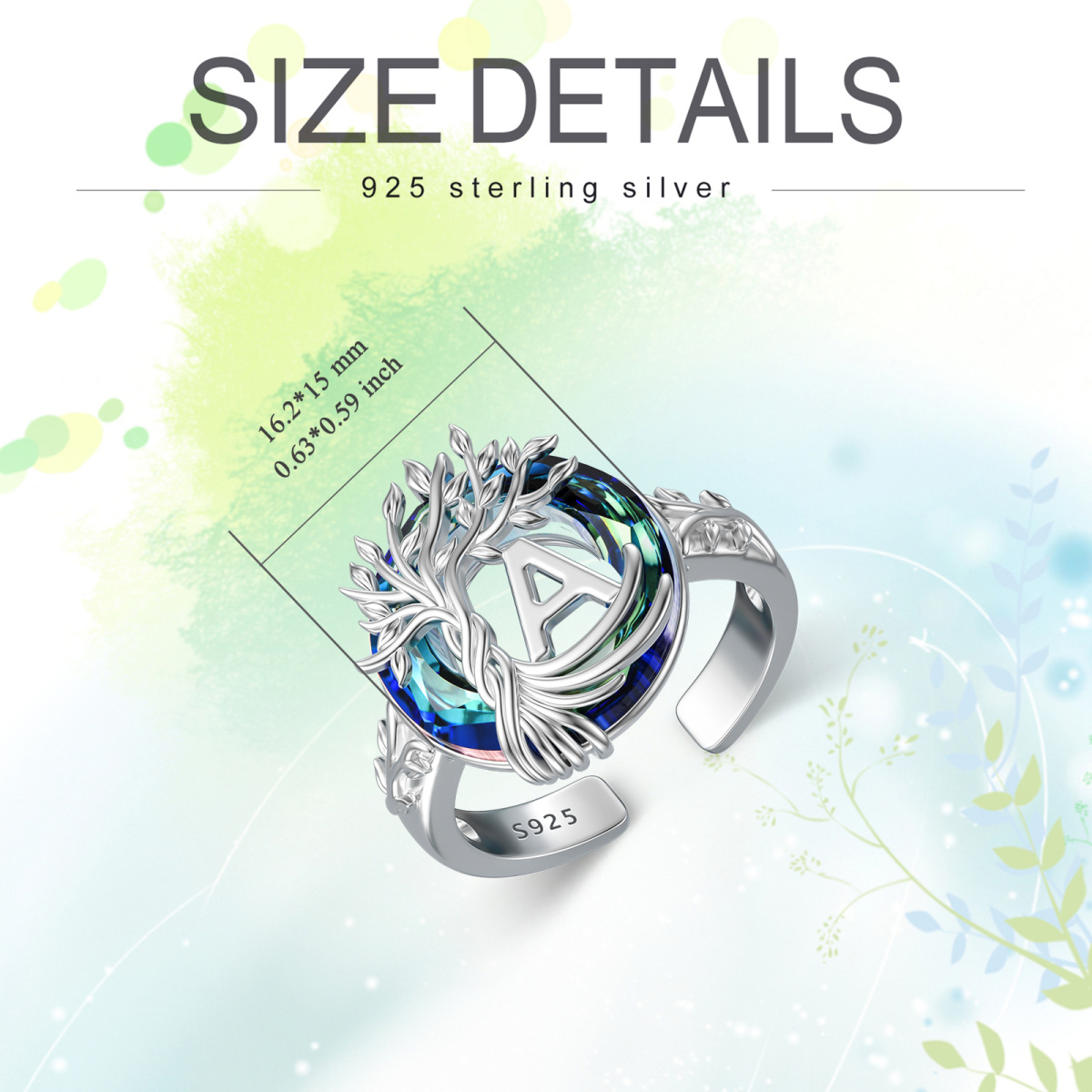 Sterling Silver Round Crystal Personalized Initial A With Tree Of Life Open Ring-6