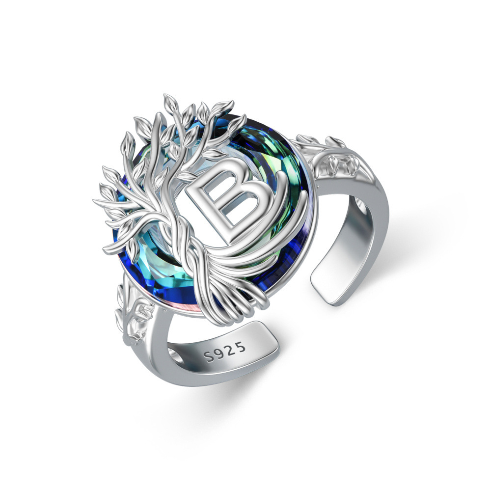 Sterling Silver Round Crystal Personalized Initial B With Tree Of Life Open Ring-1