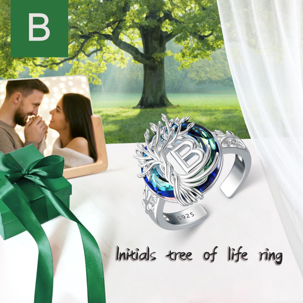 Sterling Silver Round Crystal Personalized Initial B With Tree Of Life Open Ring-3