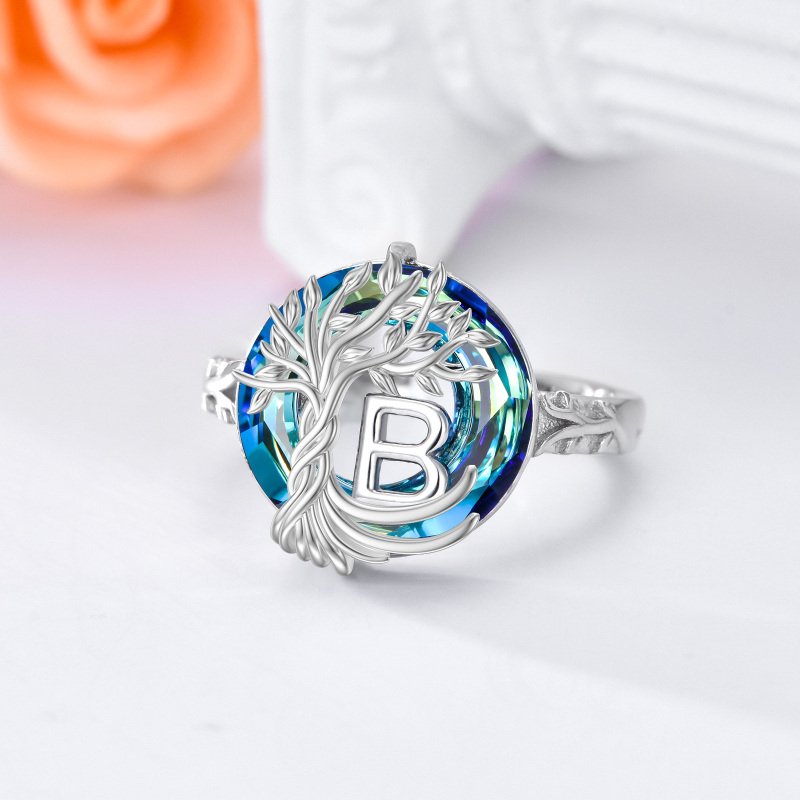 Sterling Silver Round Crystal Personalized Initial B With Tree Of Life Open Ring-4