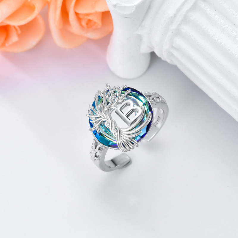 Sterling Silver Round Crystal Personalized Initial B With Tree Of Life Open Ring-5