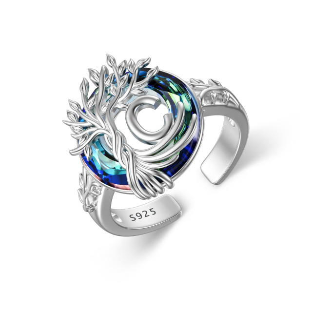 Sterling zilveren ronde kristal & gepersonaliseerde beginletter Tree of Life open ring met beginletter C-1