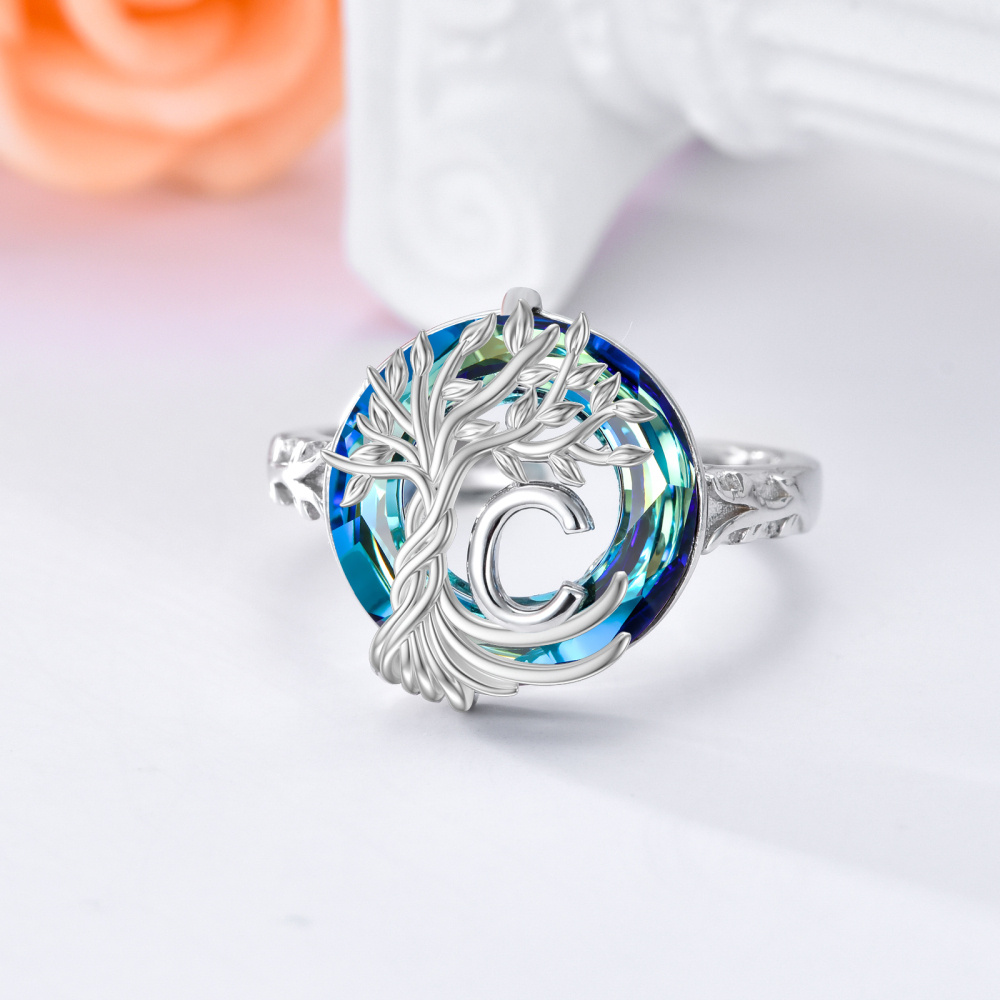 Sterling zilveren ronde kristal gepersonaliseerde initiële C met open levensboomring-4