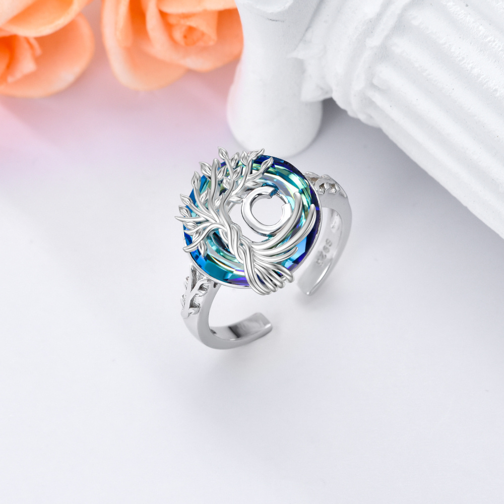 Sterling zilveren ronde kristal gepersonaliseerde initiële C met open levensboomring-5