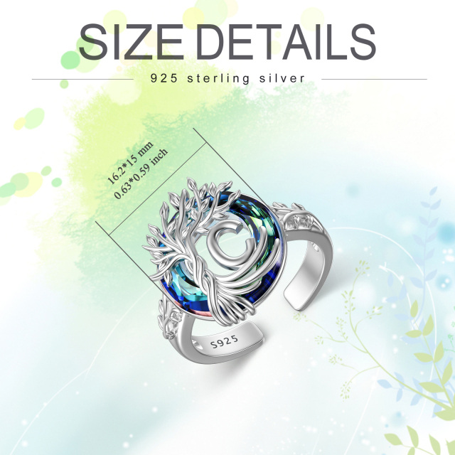 Sterling Silver Round Crystal & Personalized Initial Letter Tree Of Life Open Ring with Initial Letter C-6