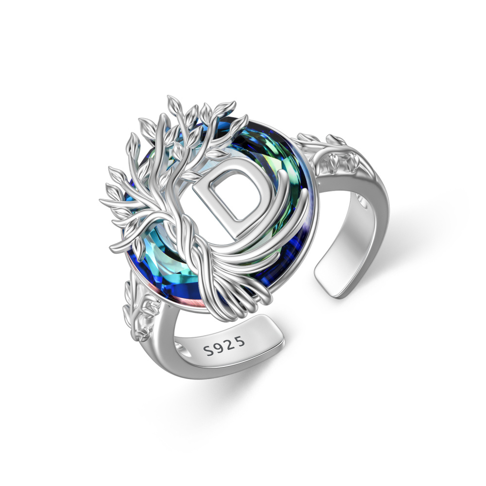 Sterling zilveren ronde kristal gepersonaliseerde initiële D met open levensboomring-1