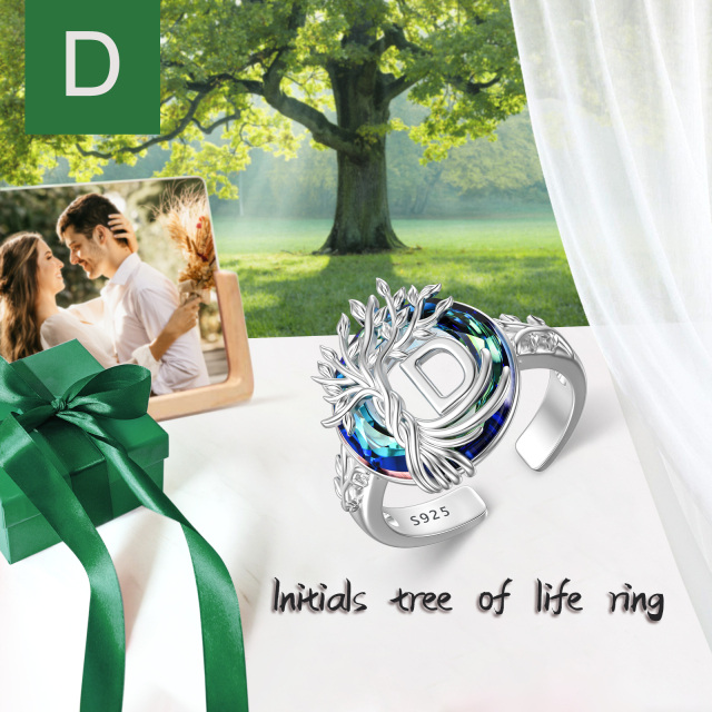 Sterling Silver Round Crystal & Personalized Initial Letter Tree Of Life Open Ring with Initial Letter D-3