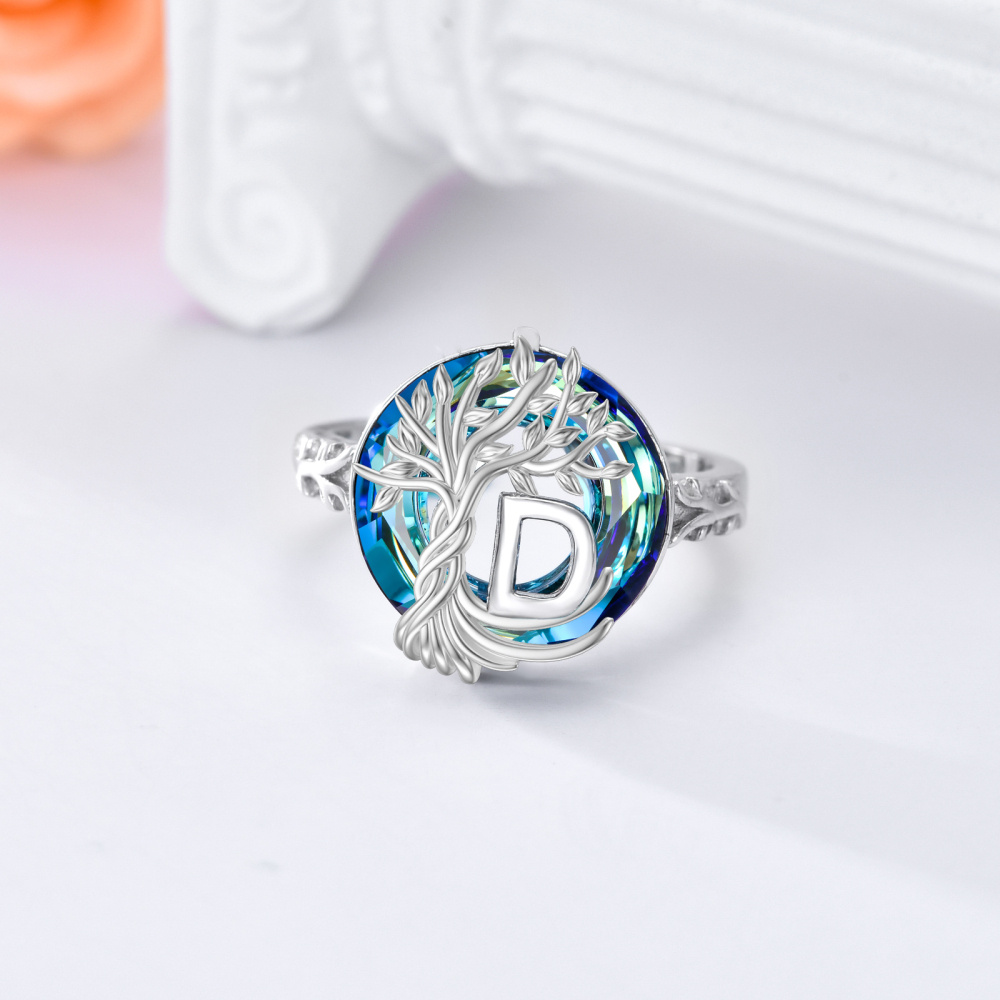 Sterling zilveren ronde kristal gepersonaliseerde initiële D met open levensboomring-4