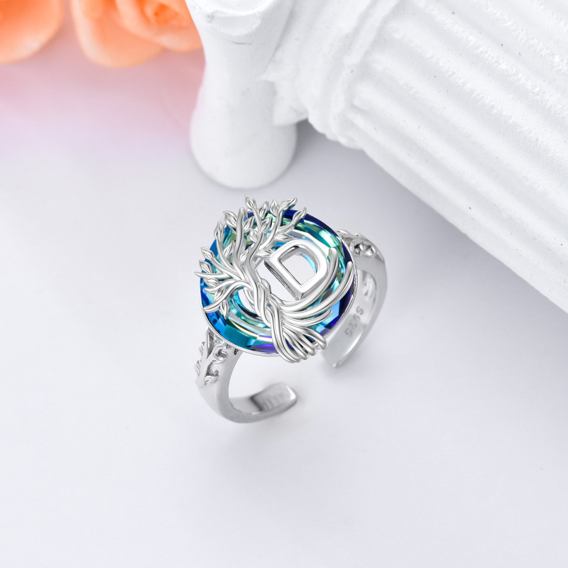 Sterling Silver Round Crystal Personalized Initial D With Tree Of Life Open Ring-5