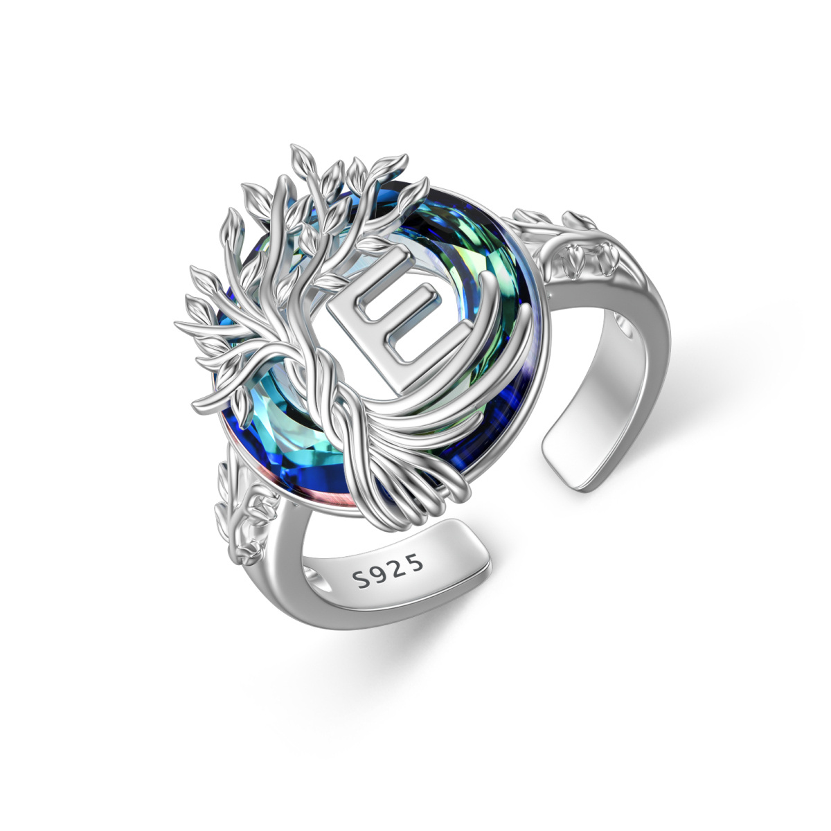 Sterling Silver Round Crystal & Personalized Initial Letter Tree Of Life Open Ring with Initial Letter E-1