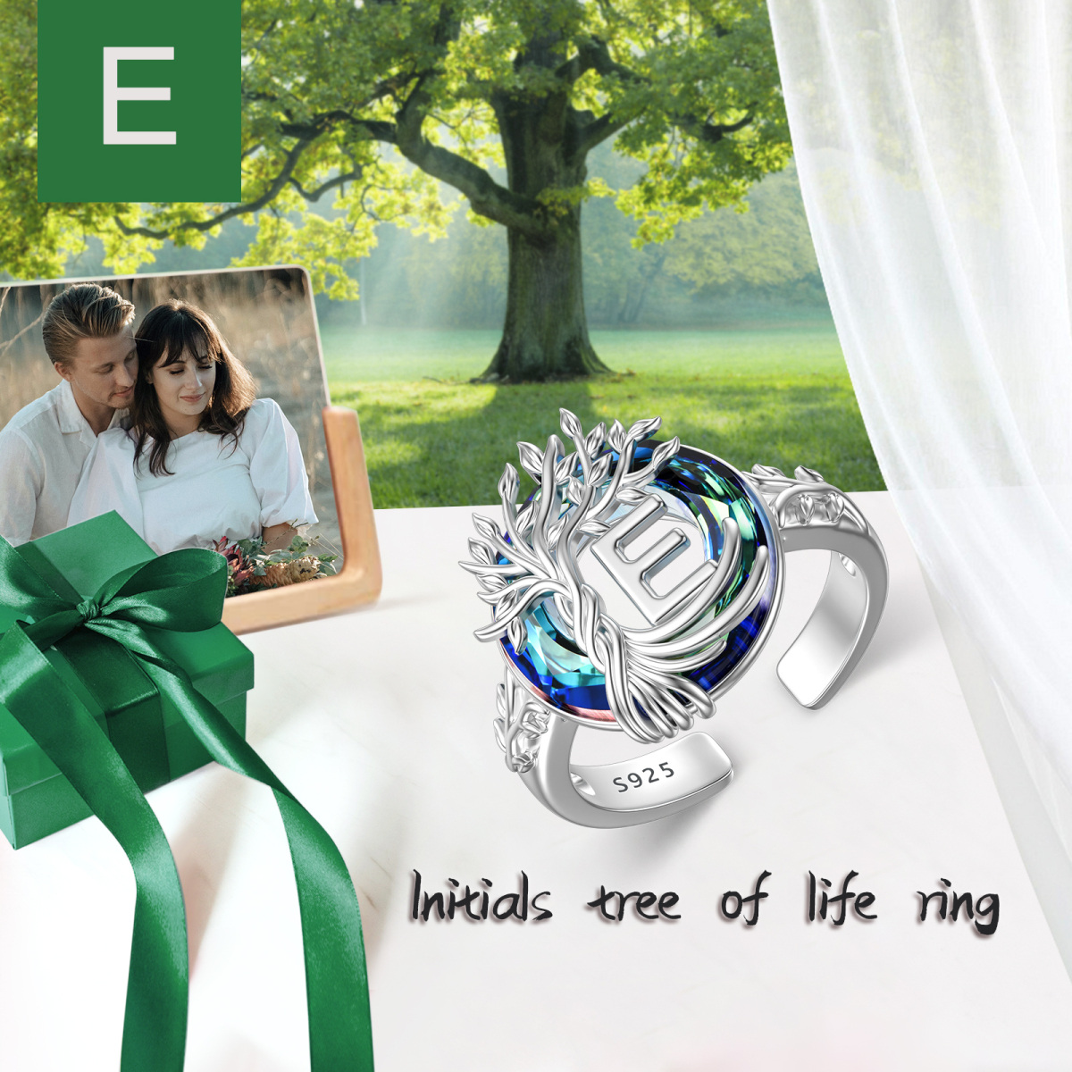 Sterling Silver Round Crystal & Personalized Initial Letter Tree Of Life Open Ring with Initial Letter E-3