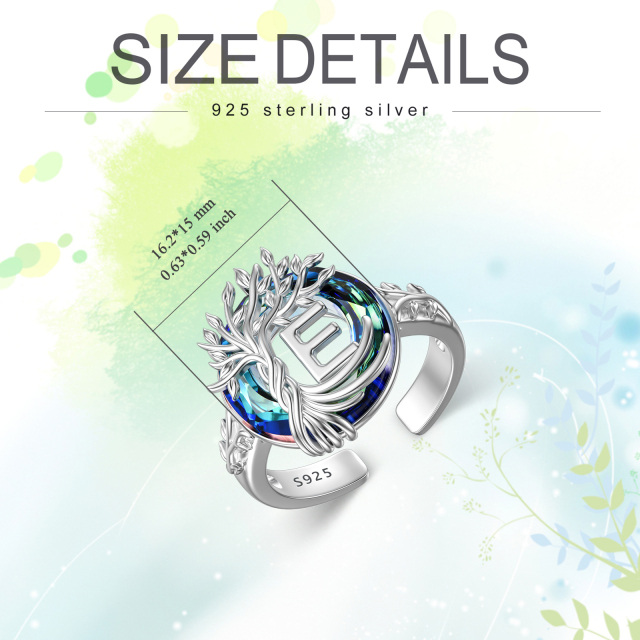 Sterling Silver Round Crystal & Personalized Initial Letter Tree Of Life Open Ring with Initial Letter E-6