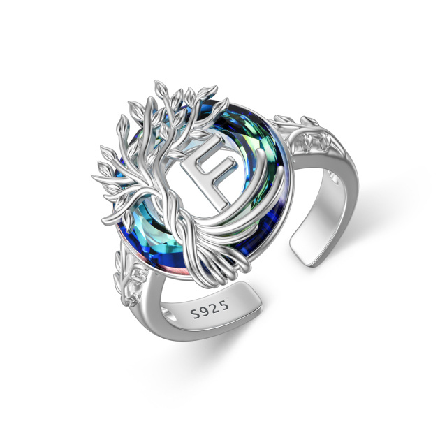 Sterling zilveren ronde kristal & gepersonaliseerde beginletter Tree of Life open ring met beginletter F-1