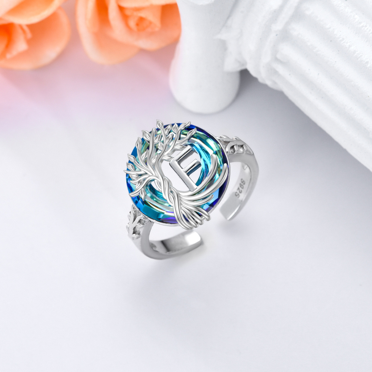 Bague en argent sterling en cristal rond et lettre initiale personnalisée Tree Of Life Ope-6