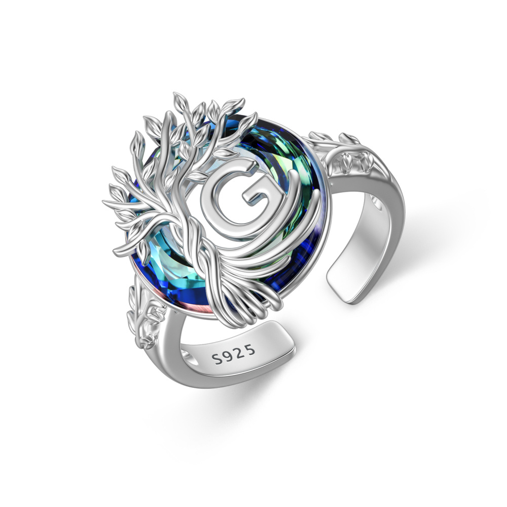 Sterling Silver Round Crystal Personalized Initial G With Tree Of Life Open Ring-1