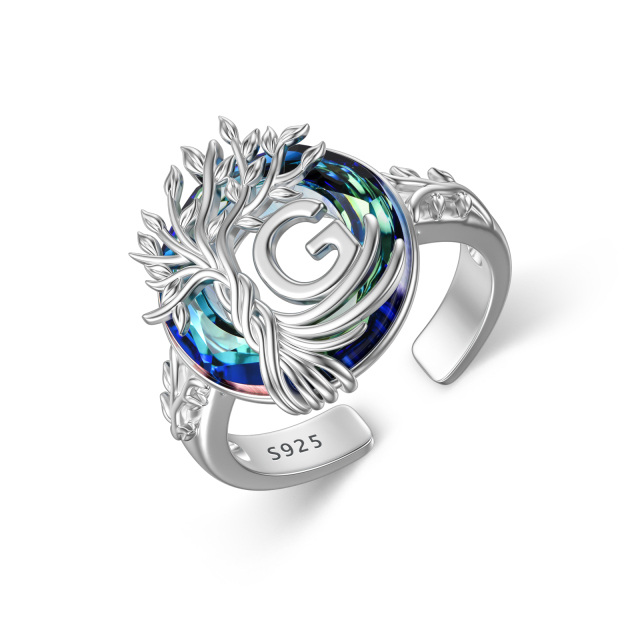 Sterling zilveren ronde kristal & gepersonaliseerde beginletter Tree of Life open ring met beginletter G-1