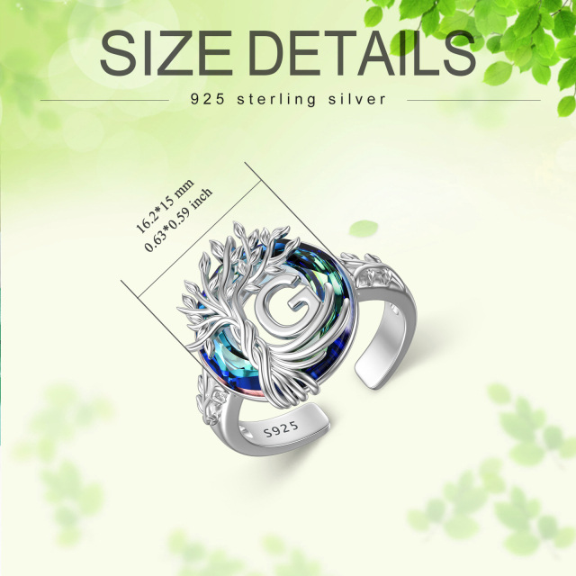 Sterling Silver Round Crystal & Personalized Initial Letter Tree Of Life Open Ring with Initial Letter G-3