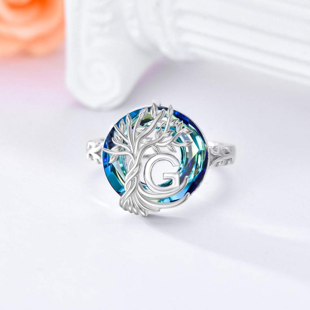 Sterling Silver Round Crystal Personalized Initial G With Tree Of Life Open Ring-5