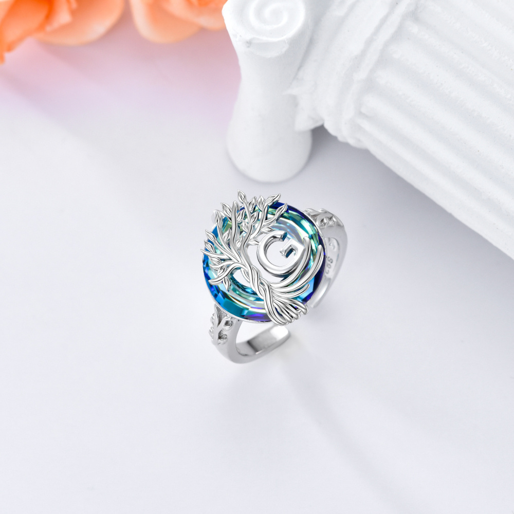 Sterling Silver Round Crystal Personalized Initial G With Tree Of Life Open Ring-6