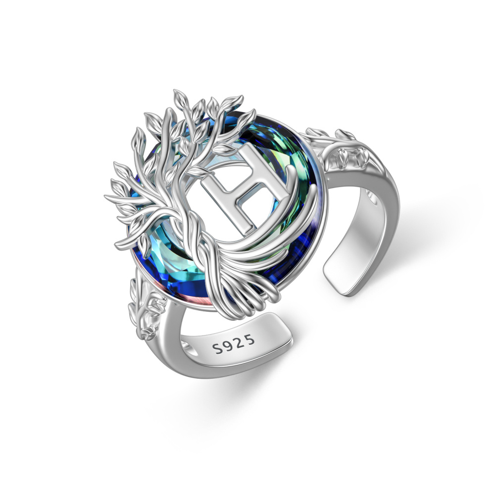 Anillo abierto con inicial H personalizada y cristal redondo de plata de ley con árbol de la vida-1