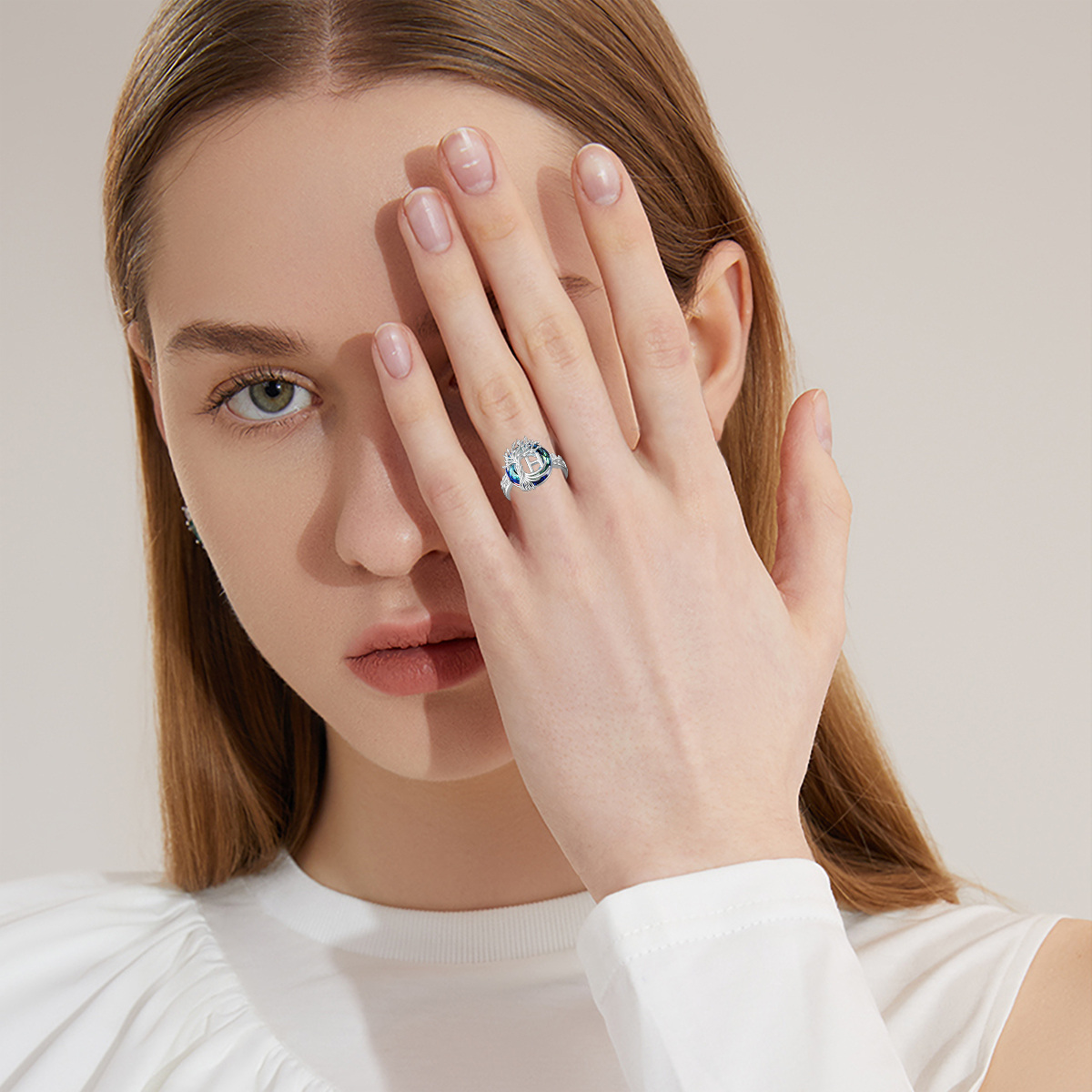 Bague en argent sterling en cristal rond et lettre initiale personnalisée Tree Of Life Ope-2