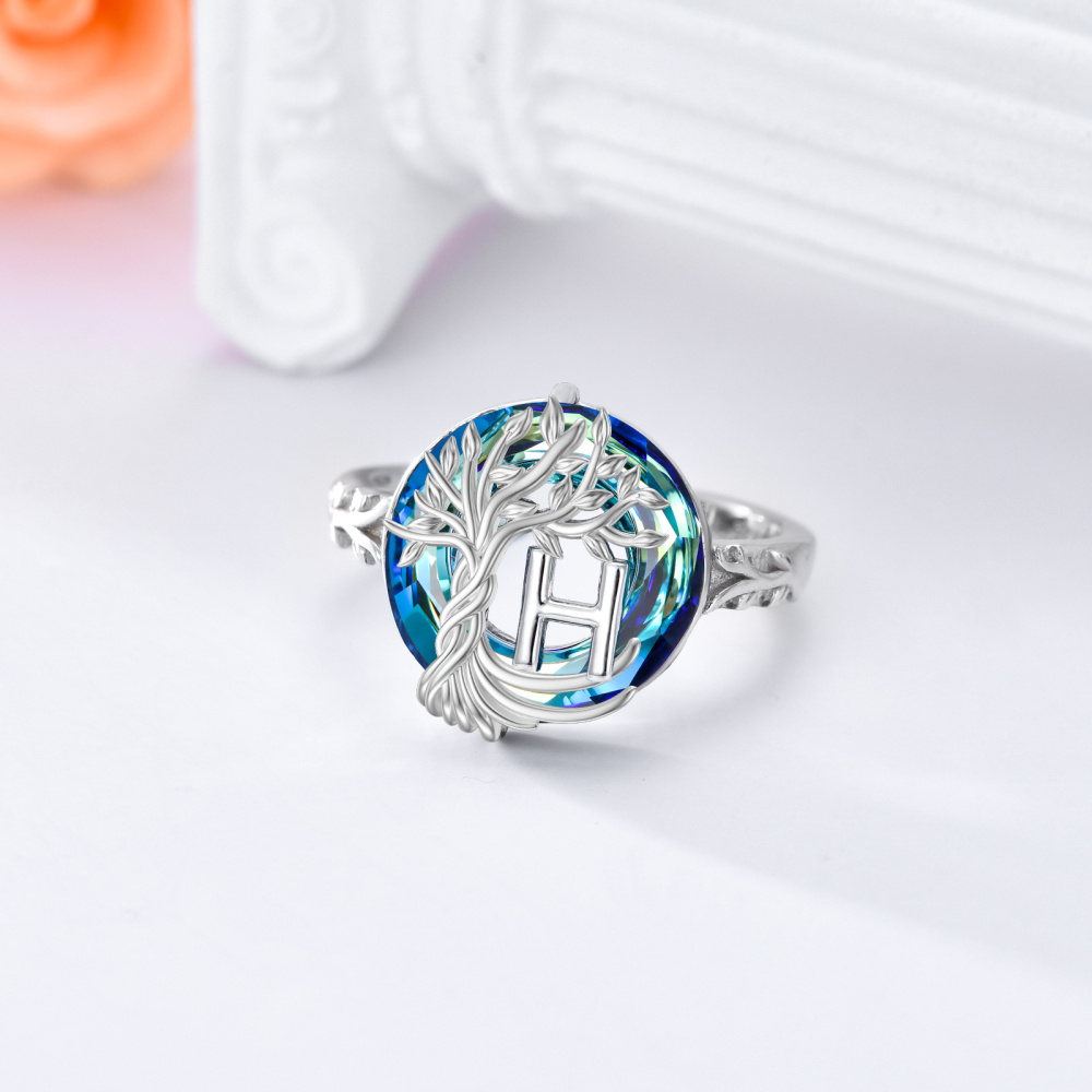 Anillo abierto con inicial H personalizada y cristal redondo de plata de ley con árbol de la vida-4