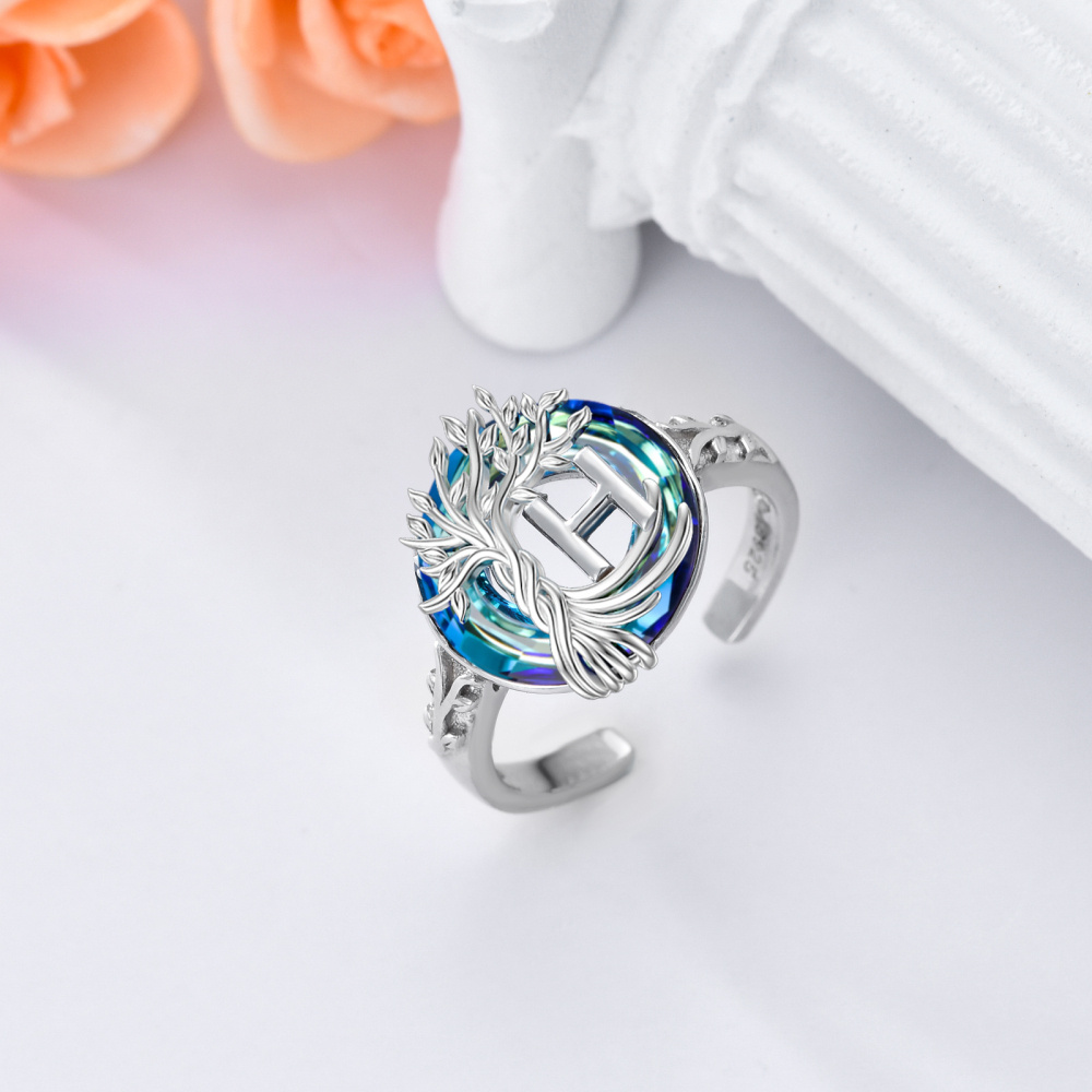 Anillo abierto con inicial H personalizada y cristal redondo de plata de ley con árbol de la vida-5