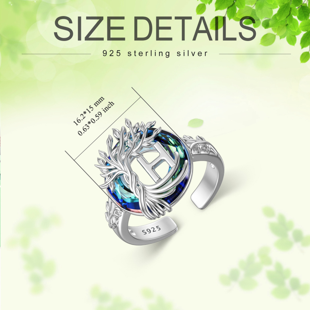 Anillo abierto con inicial H personalizada y cristal redondo de plata de ley con árbol de la vida-6