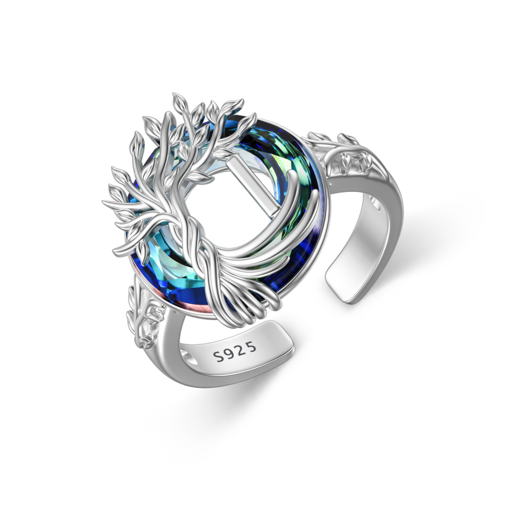 Sterling zilveren ronde kristal gepersonaliseerde initiële I met open levensboomring-1