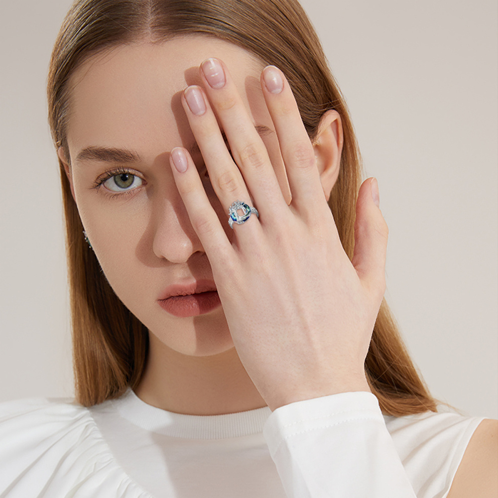 Sterling zilveren ronde kristal gepersonaliseerde initiële I met open levensboomring-2