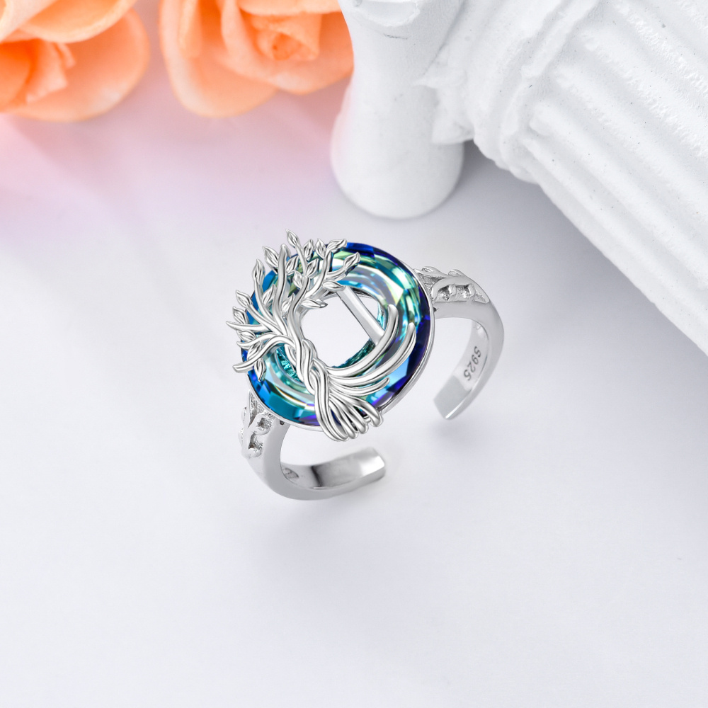 Sterling zilveren ronde kristal gepersonaliseerde initiële I met open levensboomring-4