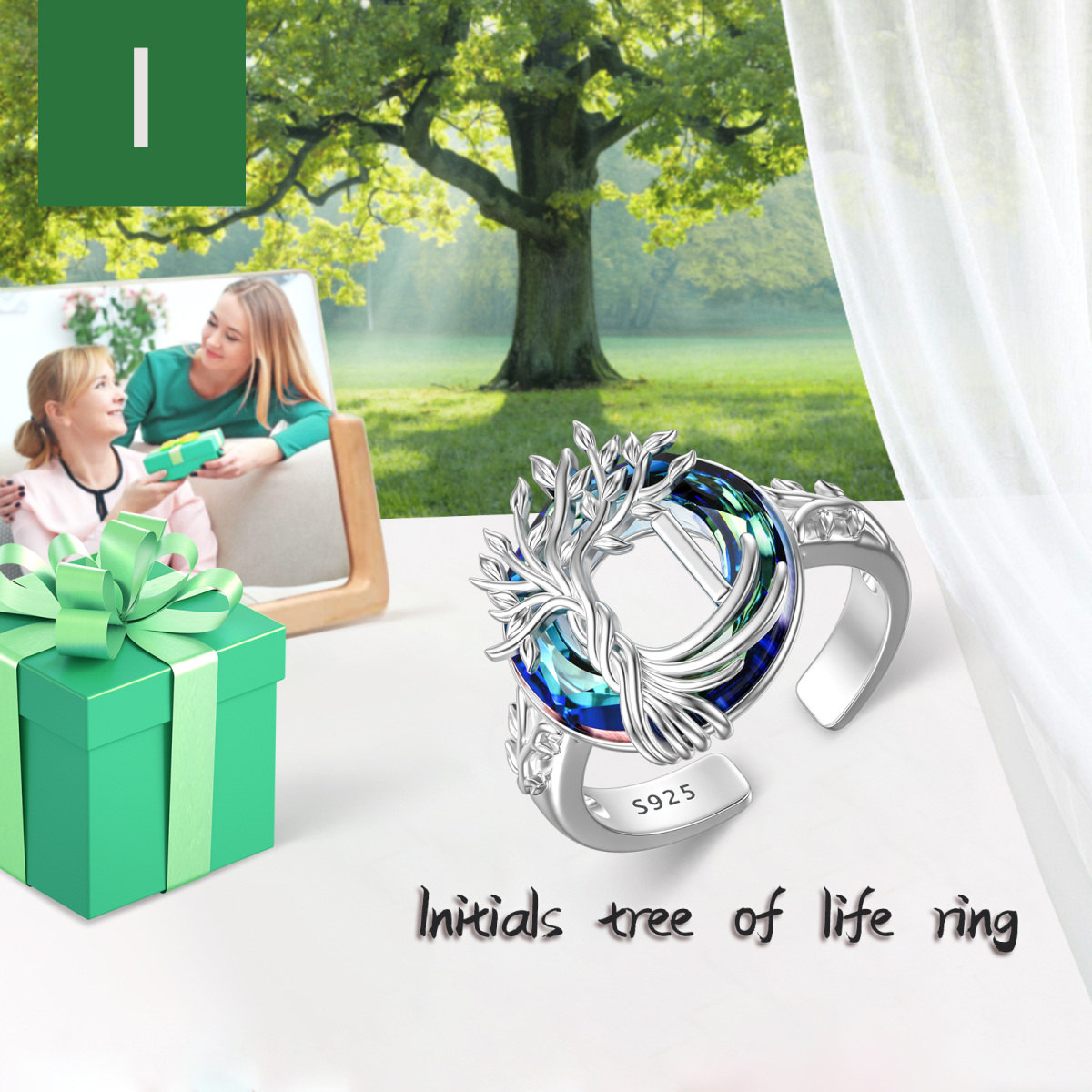 Sterling Silver Round Crystal & Personalized Initial Letter Tree Of Life Open Ring with Initial Letter I-5