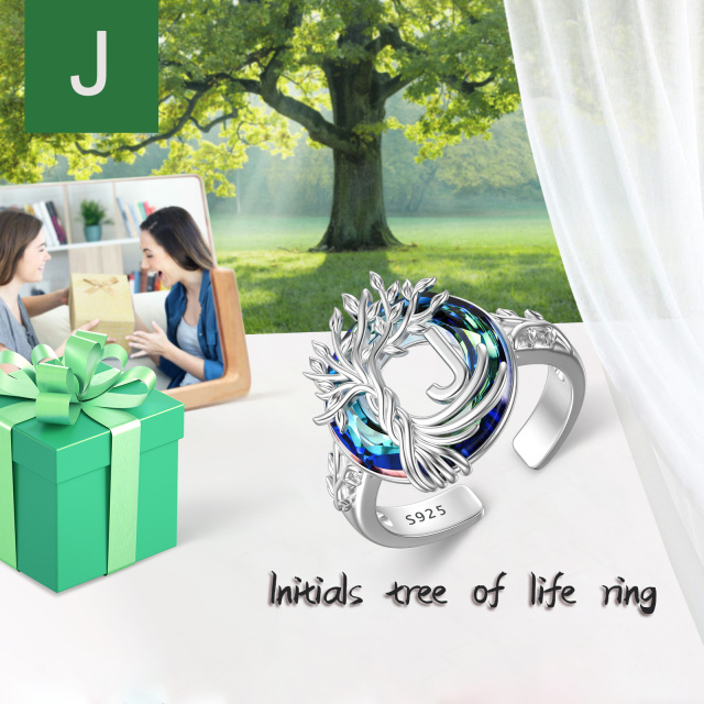 Sterling Silver Round Crystal & Personalized Initial Letter Tree Of Life Open Ring with Initial Letter J-3