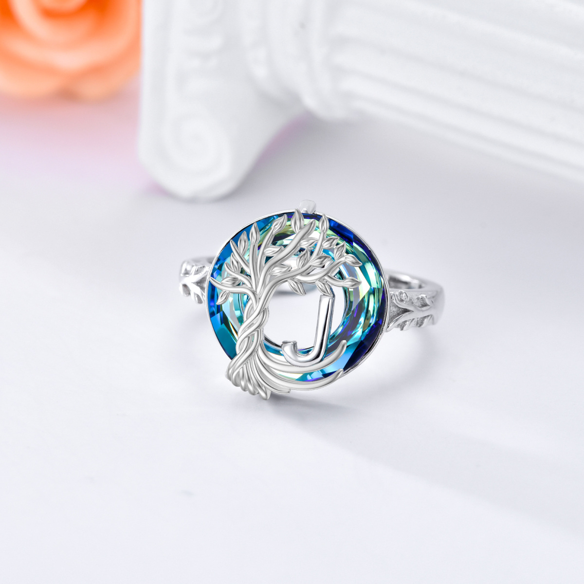 Bague en argent sterling en cristal rond et lettre initiale personnalisée Tree Of Life Ope-4