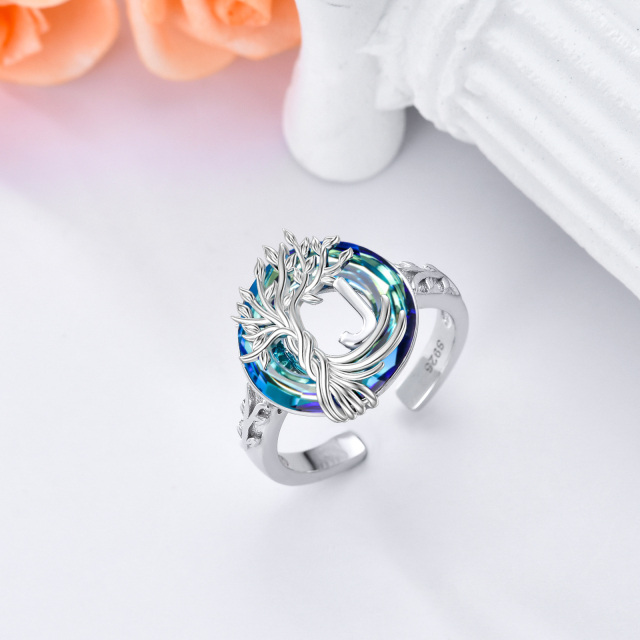 Sterling zilveren ronde kristal & gepersonaliseerde beginletter Tree of Life open ring met beginletter J-5