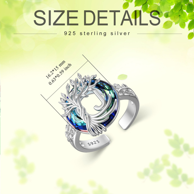 Sterling Silver Round Crystal & Personalized Initial Letter Tree Of Life Open Ring with Initial Letter J-6