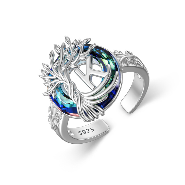 Sterling zilveren ronde kristal & gepersonaliseerde beginletter Tree of Life open ring met beginletter K-1