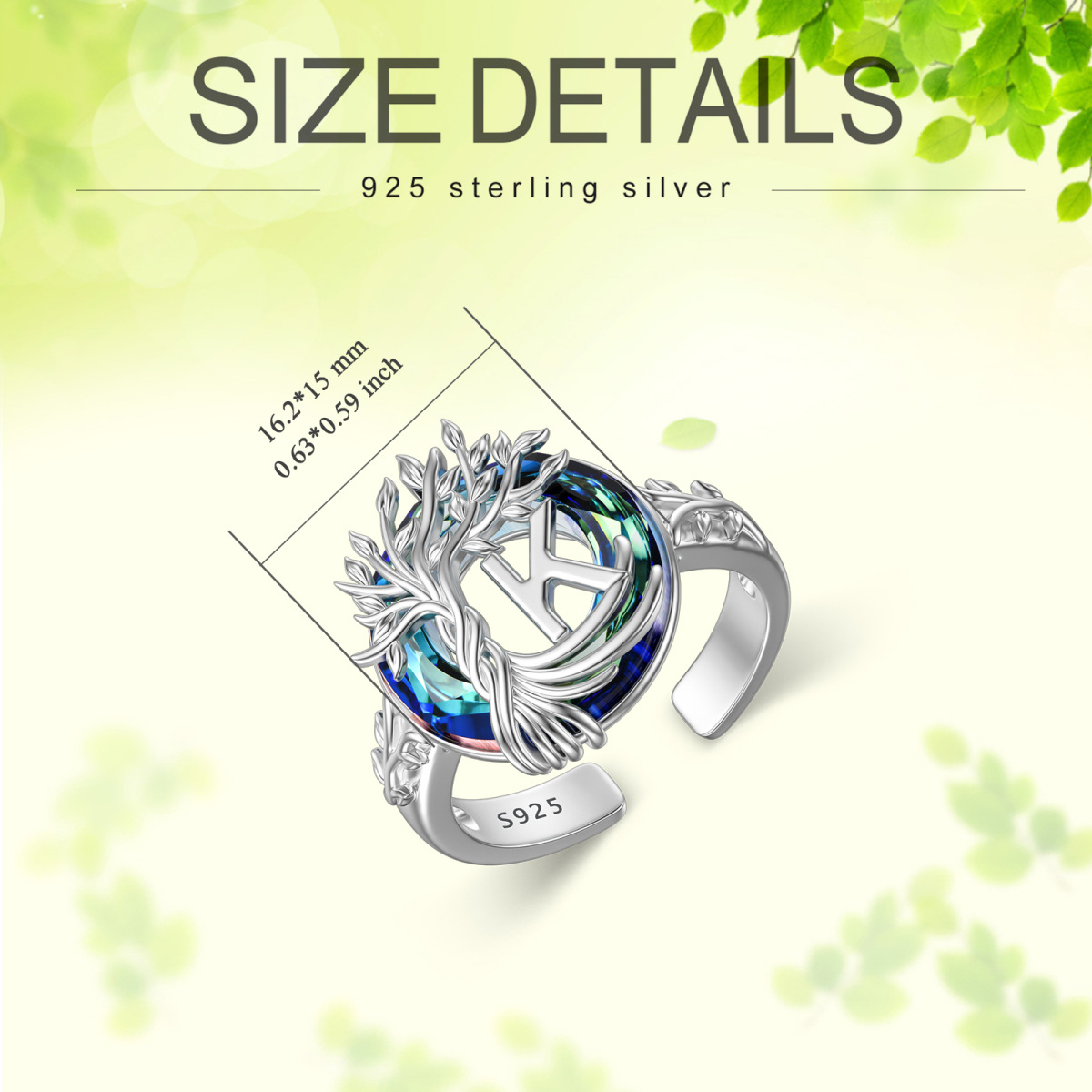 Sterling Silver Round Crystal & Personalized Initial Letter Tree Of Life Open Ring with Initial Letter K-6