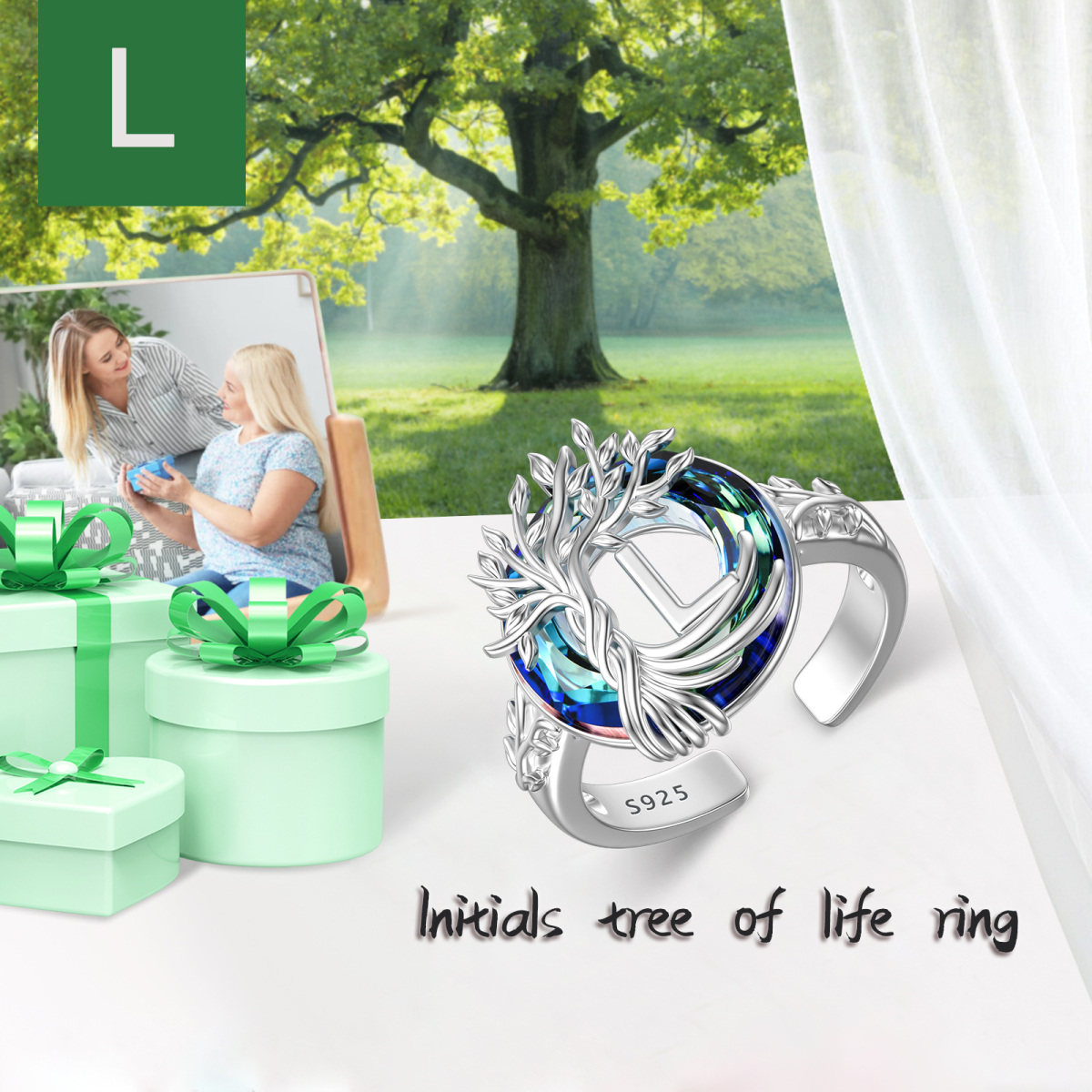 Sterling Silver Round Crystal & Personalized Initial Letter Tree Of Life Open Ring with Initial Letter L-3