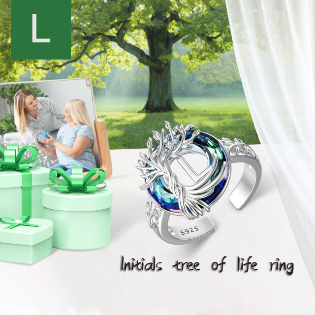 Sterling Silver Round Crystal & Personalized Initial Letter Tree Of Life Open Ring with Initial Letter L-3