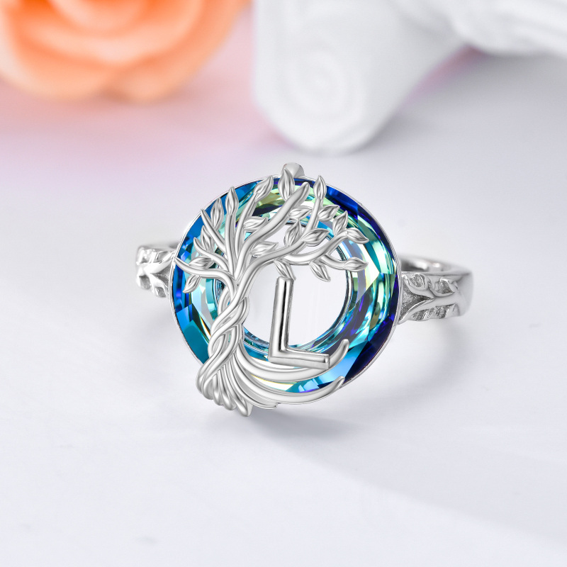 Sterling Silver Round Crystal Personalized Initial L With Tree Of Life Open Ring-4