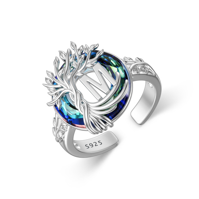 Sterling zilveren ronde kristal & gepersonaliseerde beginletter Tree of Life open ring met beginletter M-1