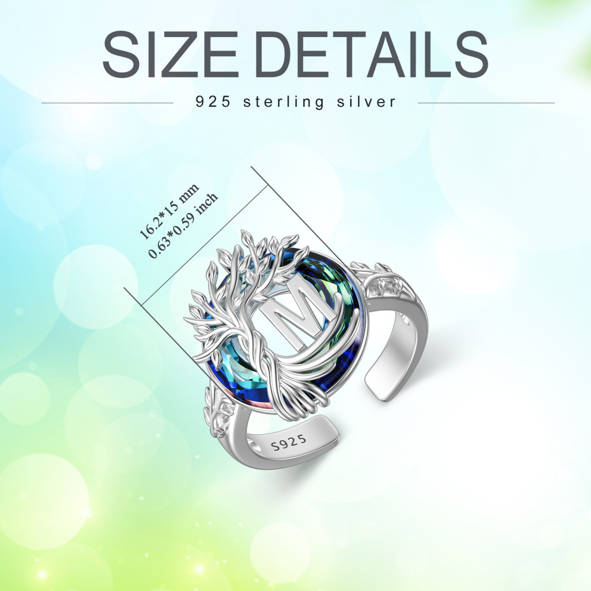 Sterling Silver Round Crystal & Personalized Initial Letter Tree Of Life Open Ring with Initial Letter M-3