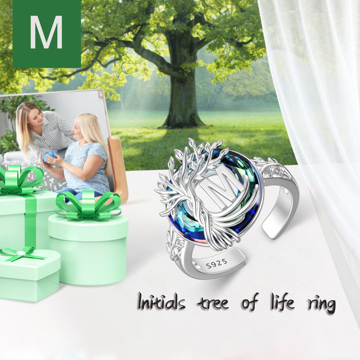 Sterling Silver Round Crystal & Personalized Initial Letter Tree Of Life Open Ring with Initial Letter M-4