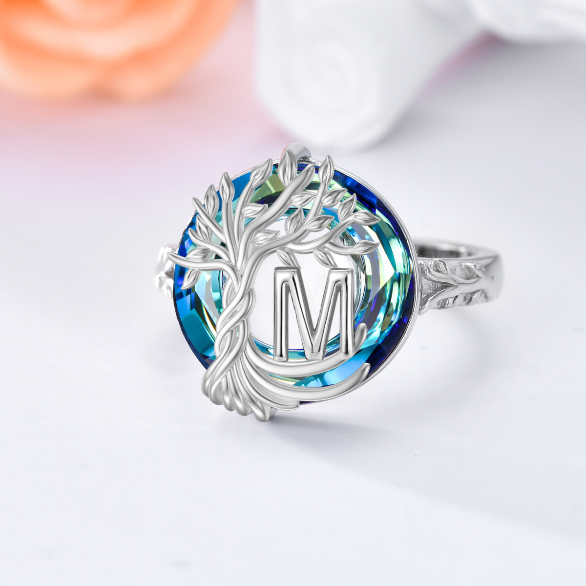 Sterling Silver Round Crystal & Personalized Initial Letter Tree Of Life Open Ring with Initial Letter M-5