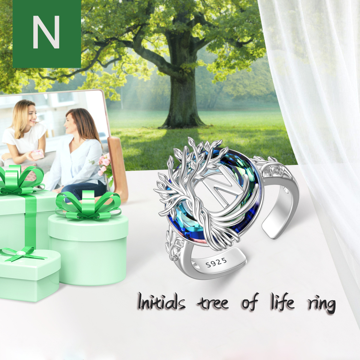 Sterling Silver Round Crystal & Personalized Initial Letter Tree Of Life Open Ring with Initial Letter N-3