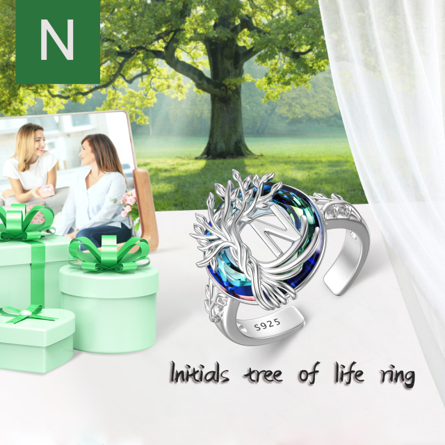 Sterling Silver Round Crystal & Personalized Initial Letter Tree Of Life Open Ring with Initial Letter N-3